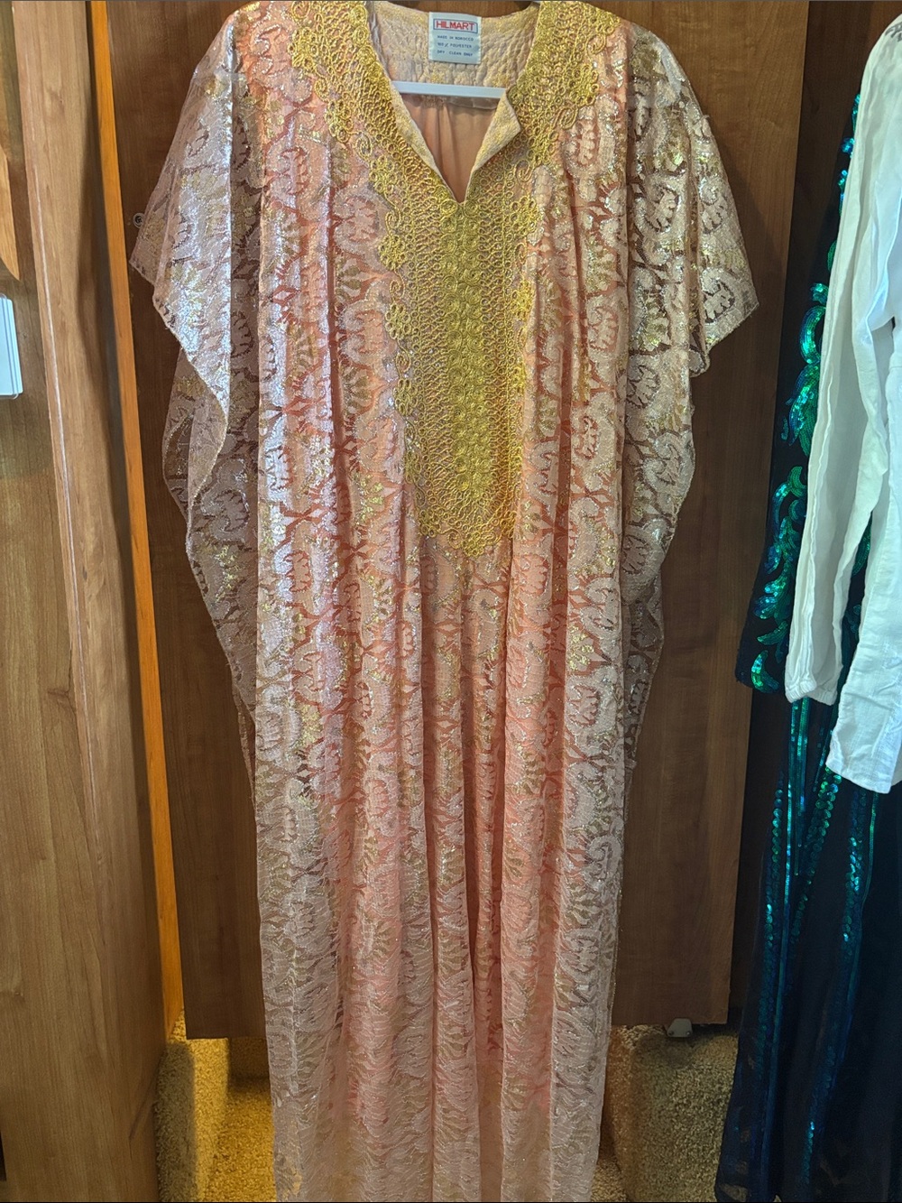 Vintage Elegant Embroidered Caftan Dress cover up in Pink and Gold -
